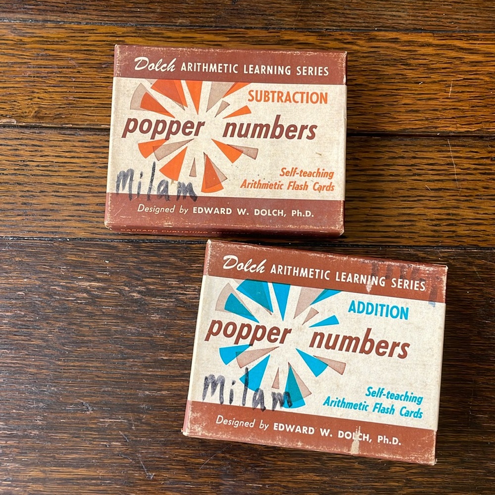 Pair, vintage Dolch popper numbers Arithmetic Learning Series, flashcards, c1958